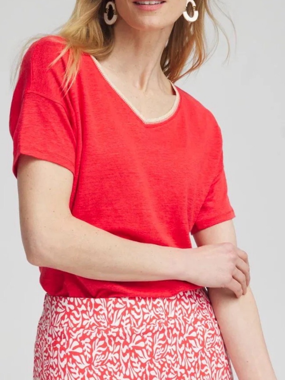 Chicos Sweater Trim Linen V-Neck Tee in Coral Red Drop Shoulders Short Sleeve XL